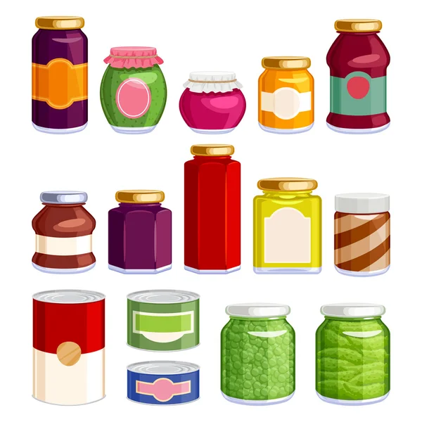 Preserved food in jars and cans. — Stock Illustration Preserved food in jars and cans. Vector Graphics