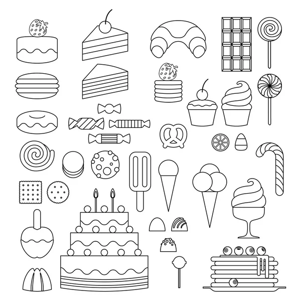 Set of sweet food outline icons. — Stock Illustration Set of sweet food outline icons. Royalty Free Stock Illustrations