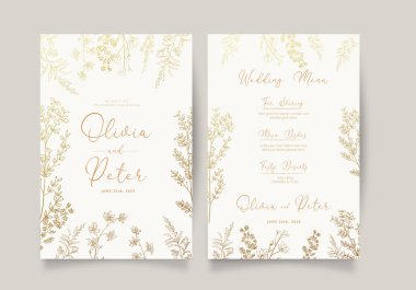 Düğün davetiyesi, tarihi kaydet, teşekkür ederim, RSVP kart tasarım şablonu. Vektör. Yeşillikli güller.