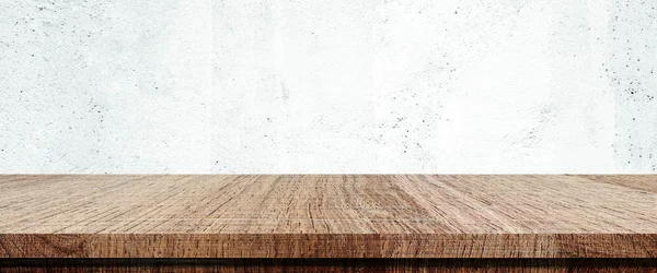 Wood table and white wall background in kitchen, Wooden shelf, counter for food and product display in room background, Wood table top, desk surface banner, mockup, template