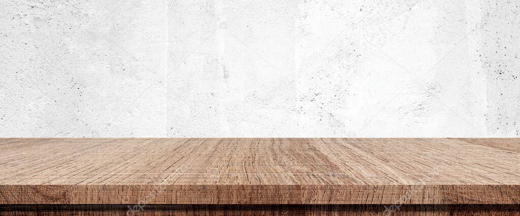 Wood table and white wall background in kitchen, Wooden shelf, counter for food and product display in room background, Wood table top, desk surface banner, mockup, template 