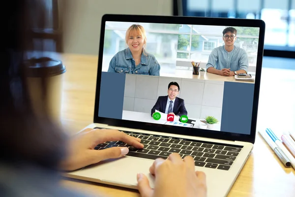 Videokonferens Arbete Hemifrån Brainstorm Planerar Lagarbete Asiatiska Business Team Gör — Stockfoto