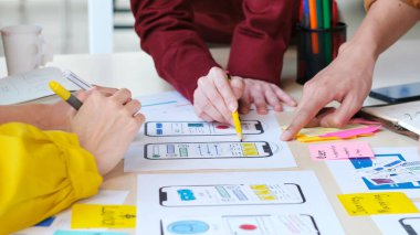 Beyin fırtınası planlama, yaratıcı takım çalışması, akıllı telefon, ui, ux konsepti için ekran görüntüleme prototipi planıyla ilgili elleri cep telefonu uygulaması geliştirici ekip toplantısı.