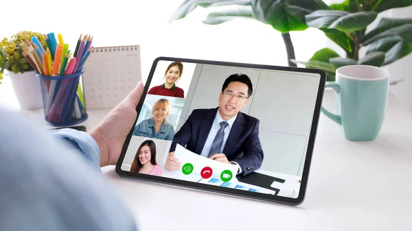 Virtuele Videoconferentie Thuiswerk Brainstorm Planing Teamwork Aziatisch Business Team Maken — Stockfoto