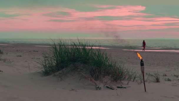 Bamboe fakkel branden op het strand — Stockvideo