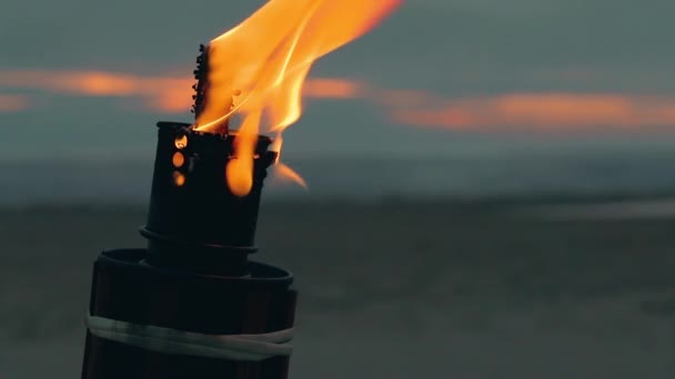 Bambusowa pochodnia płonie na plaży. — Wideo stockowe