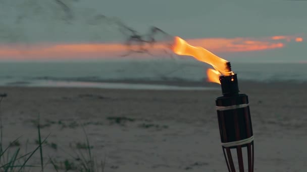 Tocha de bambu queimando na praia — Vídeo de Stock