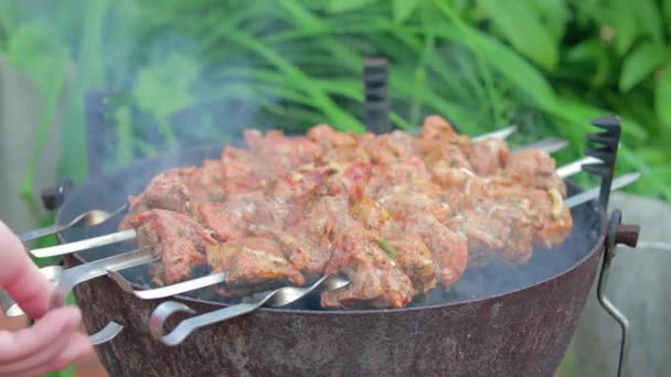 Chutné grilování Kebab vaření na grilu — Stock video