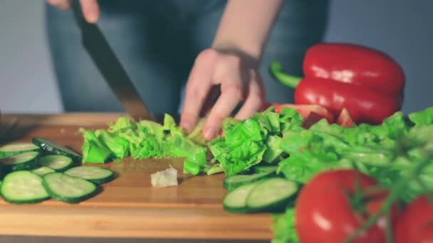 Gospodyni domowa krojenie warzyw w domu — Wideo stockowe