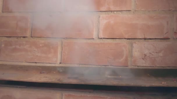 レンガの壁に対して爆発したピータード — ストック動画