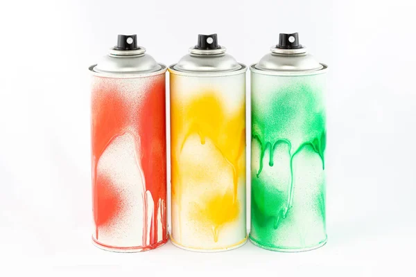 Three Colored Spray Paint Cans on White Background — Stock Photo, Image