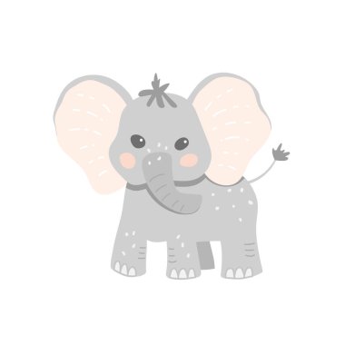 Çizgi film tarzında şirin bir bebek fil. Bebek ürünü tasarımı için çocuksu vektör illüstrasyonu