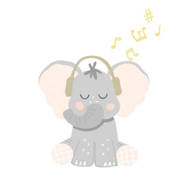 Kulaklıklı şirin bebek fil müzik dinliyor. Küçük müzik aşığı. Çizgi film tarzında vektör illüstrasyonu