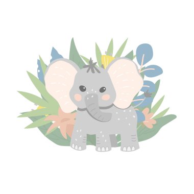 Tropikal bitki ve yaprakların arka planında şirin bir bebek fil. Ormandaki bebek fil. Düz vektör illüstrasyonu 