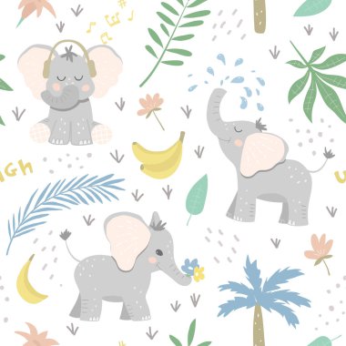 Ormandaki fillerle kusursuz bebek şakaları. Yaprakların, muzların ve çiçeklerin arasında mutlu hayvanlar. Bebek ürünü tasarımı için harika.