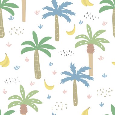 Tropikal palmiyelerde pürüzsüz desen. Çocuksu çizgi film dokusu. Bebek ürünü tasarımı için harika.