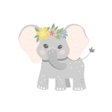 Çiçek açan bir çelenkle süslenmiş bebek fil. Giysi tasarımı, poster, duvar sanatı için çocuksu vektör çizimi.