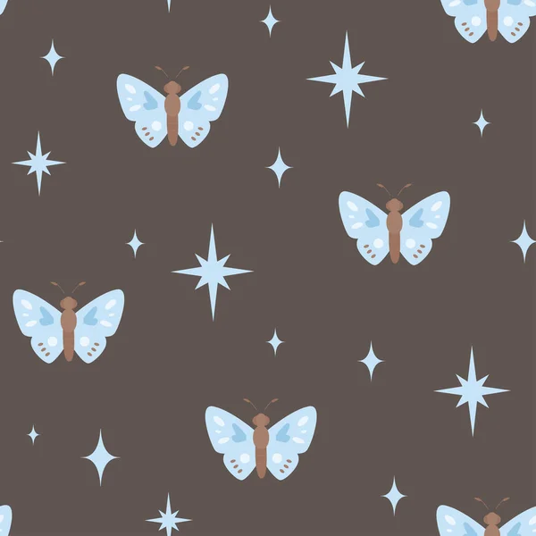 Patrón Sin Costuras Con Mariposas Voladoras Cielo Con Estrellas Textura — Vector de stock