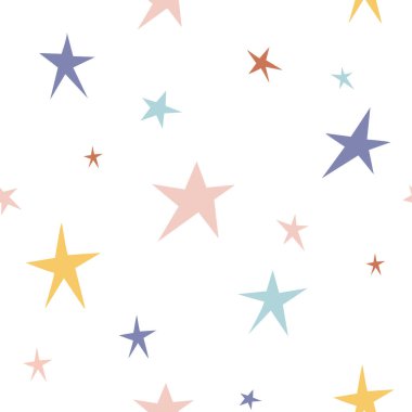 Yıldızlı gökyüzünde çocuksu, pürüzsüz bir desen. Kumaş, ambalaj, tekstil, duvar kağıdı, giysi dokusu.