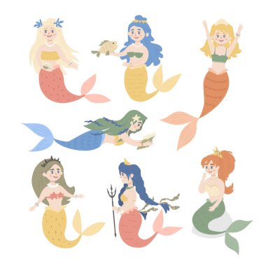 Bir çift şirin denizkızı. Çocuk Vektörü İllüstrasyonu. Tişörtlere, posterlere, bebek odası dekorasyonlarına, kıyafet tasarımlarına mükemmel bir şekilde bakın..