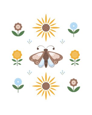 Boho ayçiçeği, kelebek ve halk çiçekli kompozisyon. Düz tasarım, vektör illüstrasyonu