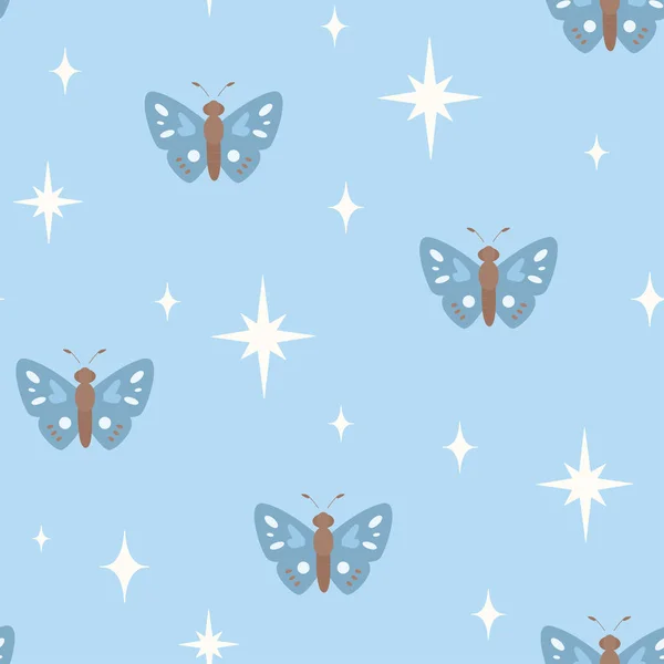Patrón Sin Costuras Con Mariposas Voladoras Cielo Con Estrellas Textura — Vector de stock