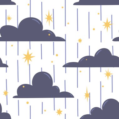Bulutlu ve yağmurlu kusursuz bebek deseni. Kumaş ve tekstil için harika. Vektör İllüstrasyonu