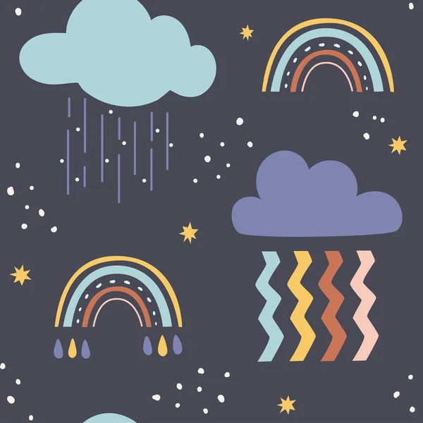 Childish Seamless Pattern Clouds Rainbows Cute Kids Celestial Texture Fabric — Stock Vector
