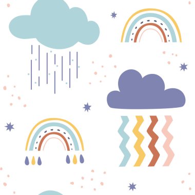 Bulutlar ve gökkuşaklarıyla çocuksu, pürüzsüz bir şekil. Kumaş, ambalaj, tekstil, duvar kâğıdı, giysi için şirin çocuk dokusu.