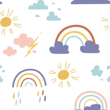 Gökkuşağı ve gök cisimleriyle kusursuz şirin desenler. Çocuklar için mükemmel kumaş, tekstil, kreş duvar kağıdı