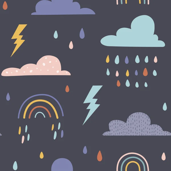 Patrón Sin Costuras Para Niños Con Nubes Arco Iris Clima — Vector de stock