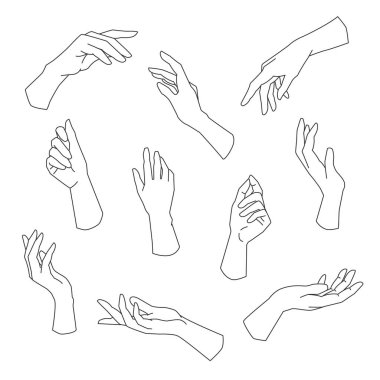 Set of linear hands in various gestures. Modern boho female hands. Vector illustration