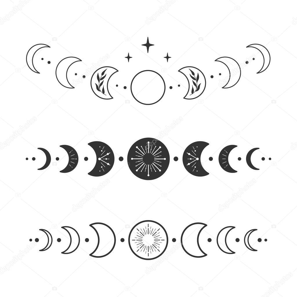 Phases of the moon. Celestial vector set. Perfectly look on t-shirt, poster, cards, apparel design.