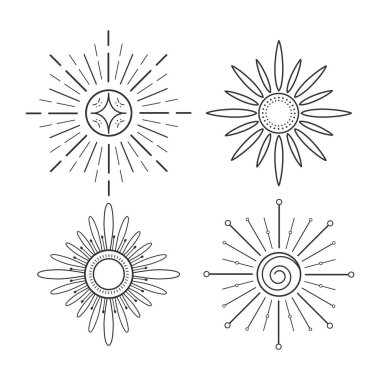 Bohem güneşi. Boho işaretleri hazır. Taslak çizim. Vektör illüstrasyonu