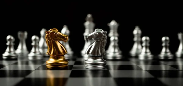 Premium Photo  The golden horse, knight chess piece standing in front of  silver pawn chess pieces on chessboard on dark background. leadership,  follower, team, commander, competition, and business strategy concept.