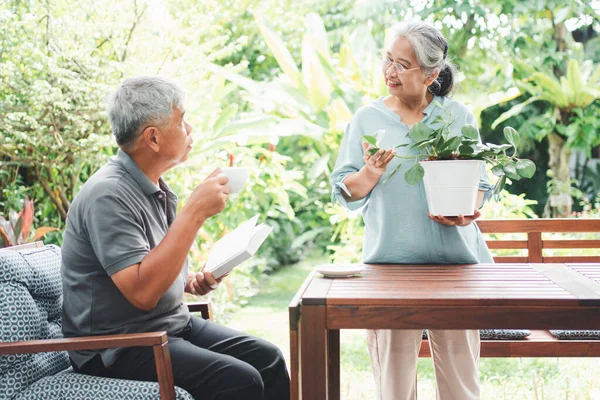 Een Gelukkige Lachende Aziatische Bejaarde Vrouw Plant Haar Pensioen Voor — Stockfoto