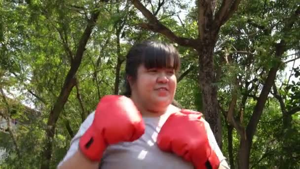幸せ太りすぎアジアの女性は赤いボクシングの手袋を身に着けていますパンチで庭で運動によって体重を減らそうとします。健康管理と運動による減量の概念. — ストック動画