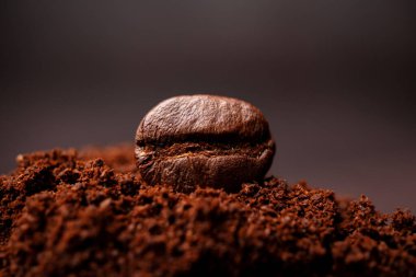 Kahve çekirdekleri yakın çekim için fotokopi alanı ile karışık kavrulmuş kahve yığınına. Kahve tazeliği kavramı