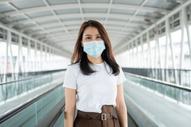 Kamu alanındaki antikoronavirüs COVID-19 salgın hastalıklar için tıbbi maske takan genç bir kadının portresi. Virüs salgını ve kirliliği kavramı (PM2.5)