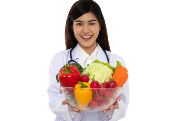 Doctor Nutritionist Holding Fresh Fruit Orange Red Green Apples Smile — Stock Photo, Image