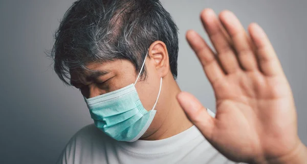 Sick Asian Man Wearing Medical Face Mask Shoulder Pain Stress — Stock Photo, Image