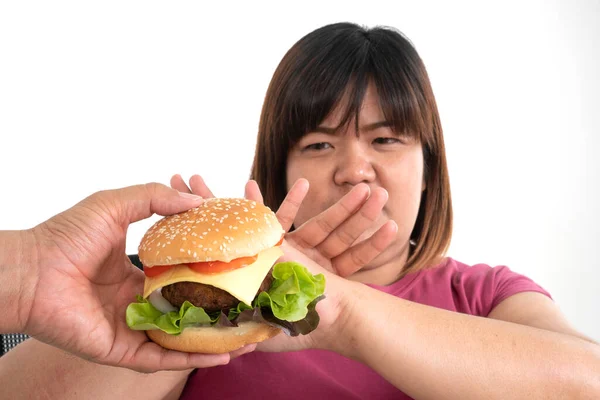 Dikke Aziatische Gezonde Vrouw Weigert Hamburger Eten Begrip Gezondheidszorg Voedzaam — Stockfoto