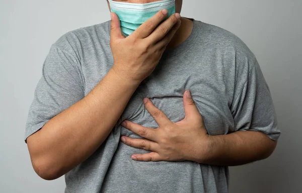 Sick Asian Man Wearing Medical Face Mask Coughing Covering His — Stock Photo, Image
