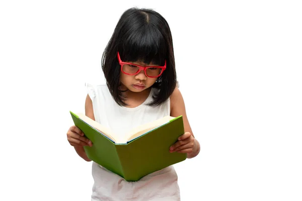 Menina Pré Escolar Asiática Feliz Vestindo Óculos Vermelhos Segurando Ler — Fotografia de Stock