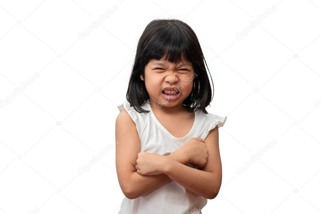 Portrait of Asian angry, sad and embrace little girl isolated on white background, The emotion of a child when tantrum and mad, expression grumpy emotion. Kid emotional control concept