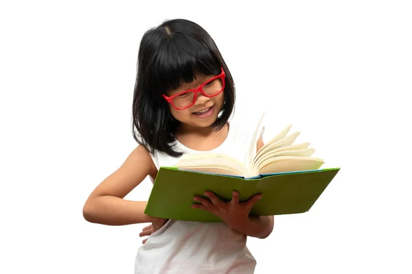 Feliz Asiática Niña Preescolar Con Gafas Rojas Sosteniendo Leer Libro —  Fotos de Stock