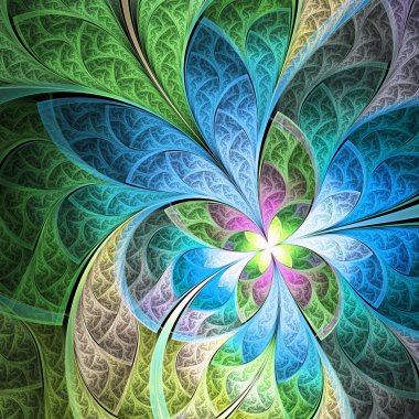 Mavi ve yeşil fraktal kelebek veya çiçek, yaratıcı grafik tasarım için dijital sanat