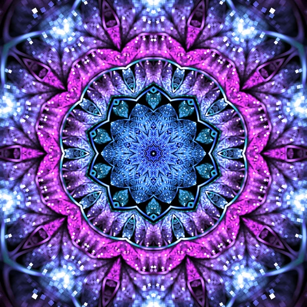 Mandala fractal azul e roxo brilhante, arte digital para design gráfico criativo — Fotografia de Stock