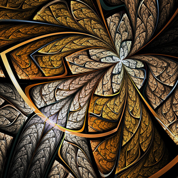 Golden fractal butterfly or flower, digital artwork for creative graphic design