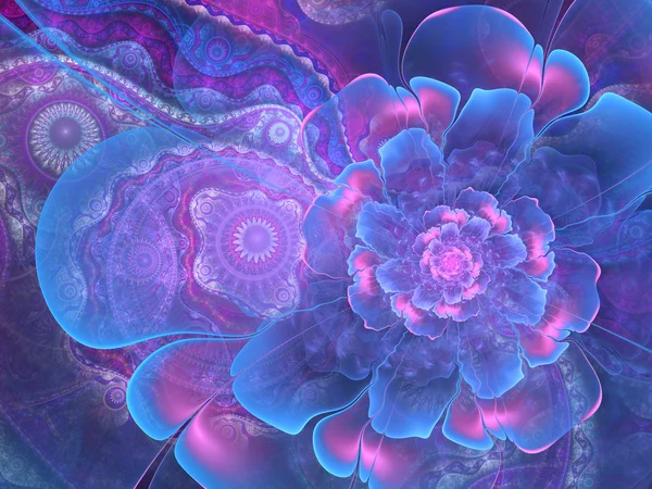 Blue fractal flower with clockwork background, digital artwork for creative graphic design — Stock Photo, Image